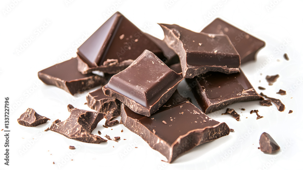 A pile of chocolate pieces on a white plate A pile of chocolate pieces on a white plate
