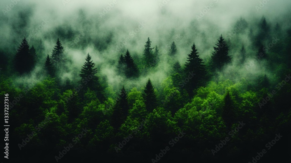 Misty Forest: Green Canopy, Foggy Trees