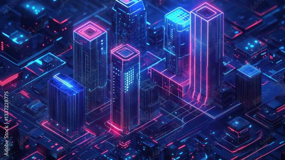 Fototapeta premium Futuristic city, isometric, glowing, technology, background, digital art, stock photo, cityscape