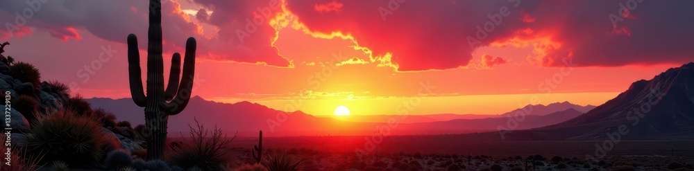 Fototapeta premium Dramatic saguaro cacti stand against a vibrant Arizona sunset, shadows lengthening , sunset, cactus