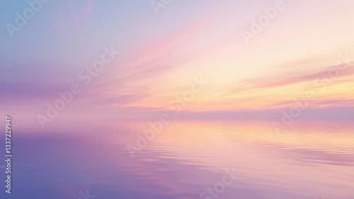 A serene illustration of a pastel gradient sunset sky perfectly reflected in still water. A beautiful and tranquil abstract background for summer, calm, and wellness themes