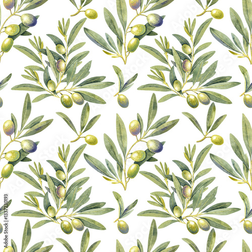 Seamless pattern watercolor olive branch green decor. Hand painted floral illustration olives fruit tree branches leaves on white background. Drawings food. Edible foliage. For fabric, wrapping paper