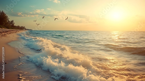 A tranquil beach at dawn with the first rays of light illuminating the waves and the sound of seagulls
