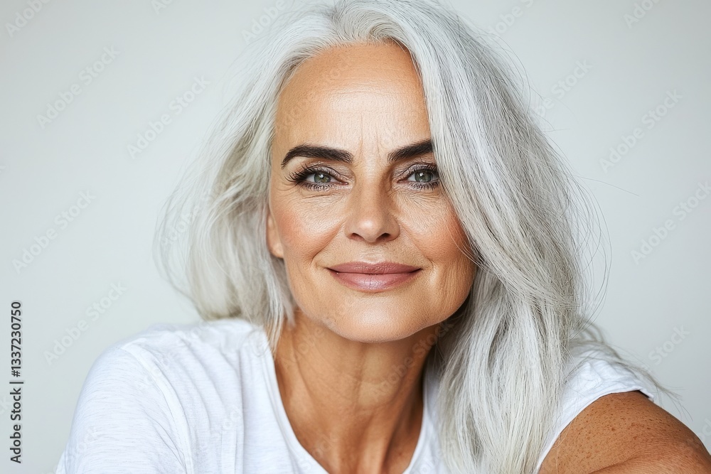 Naklejka premium A 50s mature woman, isolated on a white background, represents the idea of skincare and beauty through cosmetics