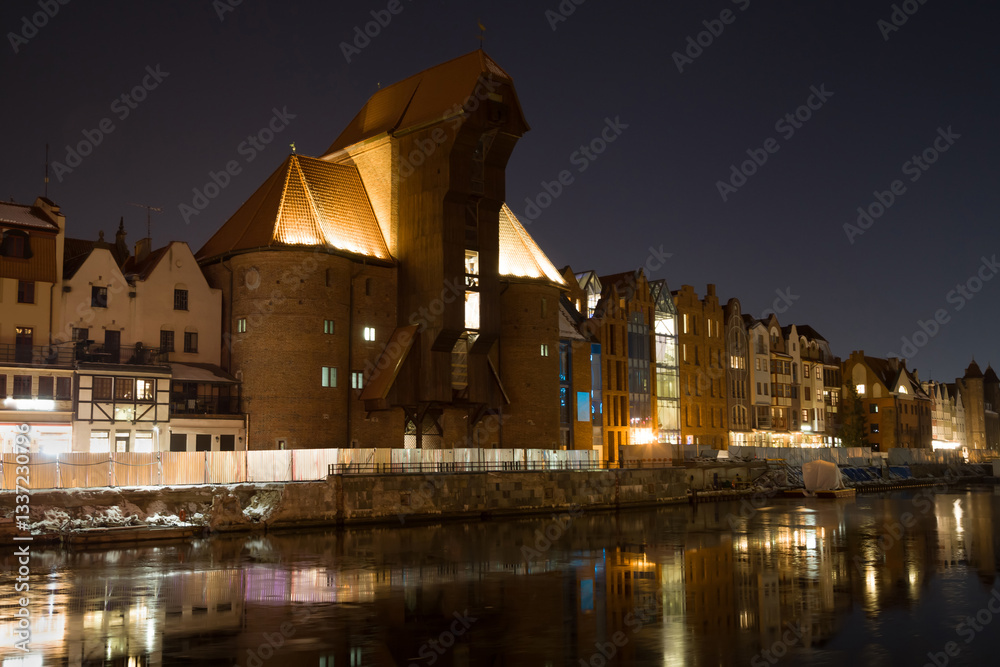 Medieval Crane of Gdansk at Night