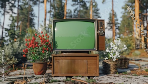 In the middle of a dense forest, an old television stands as nature reclaims the area, symbolizing the move from screen time to embracing the outdoors photo