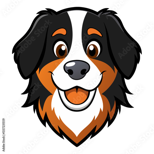 a cartoon image of a smiling Bernese Mountain Dog head with its distinctive markings. The dog looks friendly and approachable vector illustration