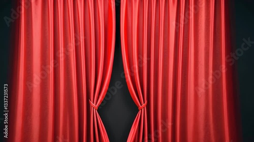 Red Theater Curtains Open to Reveal Dark Stage Backdrop, Creating Dramatic and Elegant Atmosphere with Rich Fabric and Deep Color, Evoking Anticipation and Theatrical Flair in Performance Setting