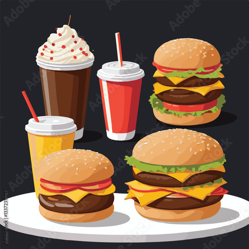 fastfood, fast, snack, food, meal, delicious, burger, lunch, background, dinner, american, meat, unhealthy, menu, restaurant, set, cheeseburger, junk, isolated, hamburger, fat, eat, sandwich, tasty, c