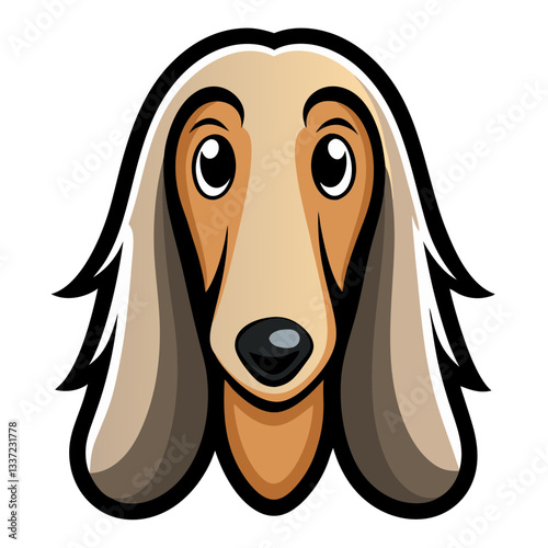 an illustration of an Afghan Hound's mascot head, with its long, flowing ears and a friendly expression