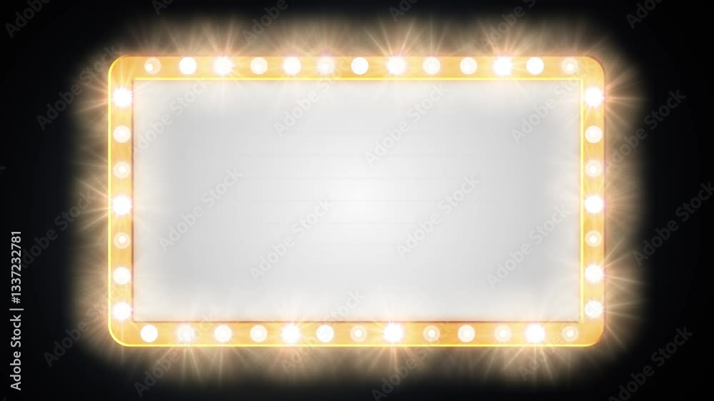 A blank marquee sign with flashing orange and yellow lights trailing around frame in a counter-clockwise pattern. Over black for luma keying.  	