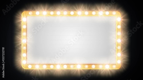 A blank marquee sign with flashing orange and yellow lights trailing around frame in a counter-clockwise pattern. Over black for luma keying.  	