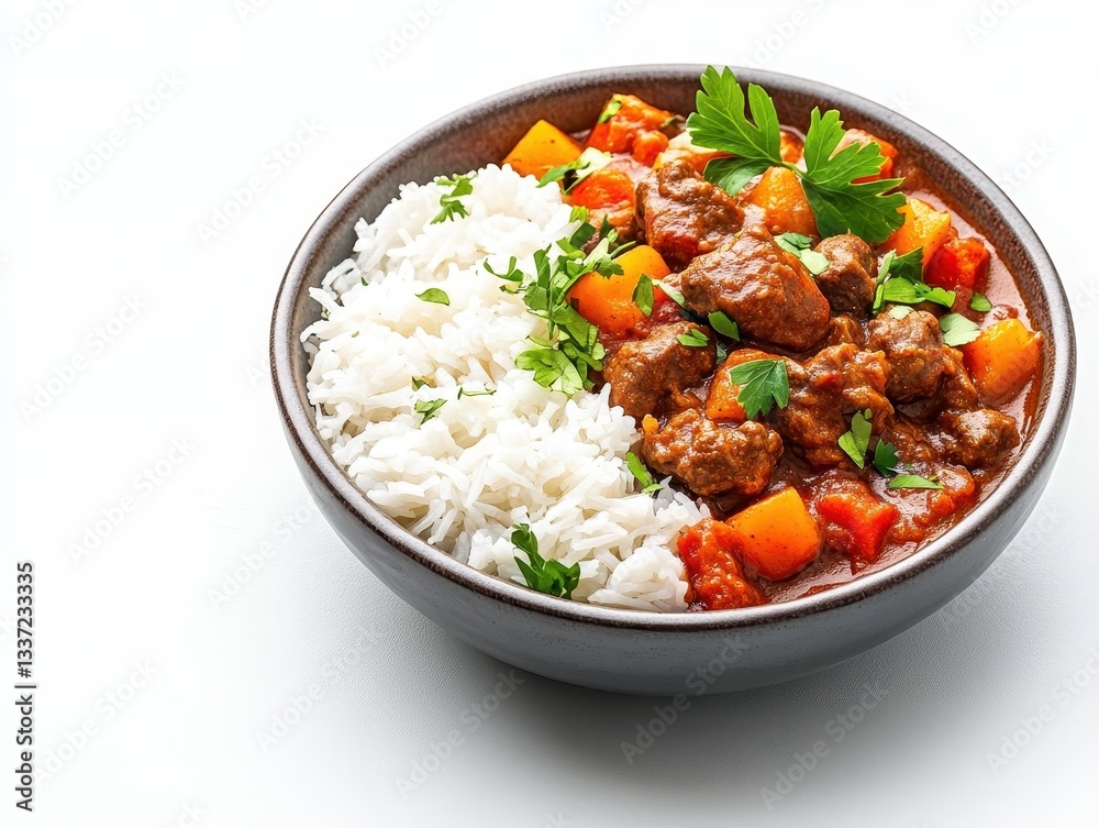 Delicious bowl of hearty beef stew with vegetables and rice on a white background Delicious bowl of hearty beef stew with vegetables and rice on a white background