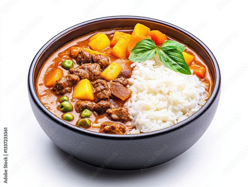 Delicious beef curry served with rice and vegetables in a modern bowl Delicious beef curry served with rice and vegetables in a modern bowl