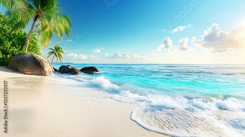 A tranquil beach with white sand, turquoise water, and palm trees swaying in the breeze