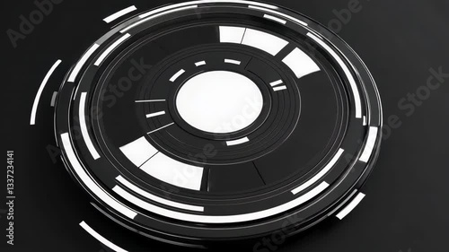 Futuristic Black and White Circular Design with Concentric Rings and Geometric Patterns Dark Background Abstract Digital Art Evokes Sense of Technology and Innovation, Creating Motion and Sleek