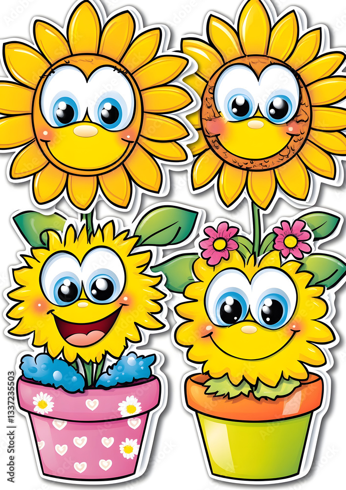 Cheerful Sunflowers Blooming in Pots: Happy Flowers, Smiling Faces, Yellow Petals, Garden Plants, Bright Colors, Potted Plants, Floral Designs, Cute Characters, Spring Flowers, Summer Blooms.