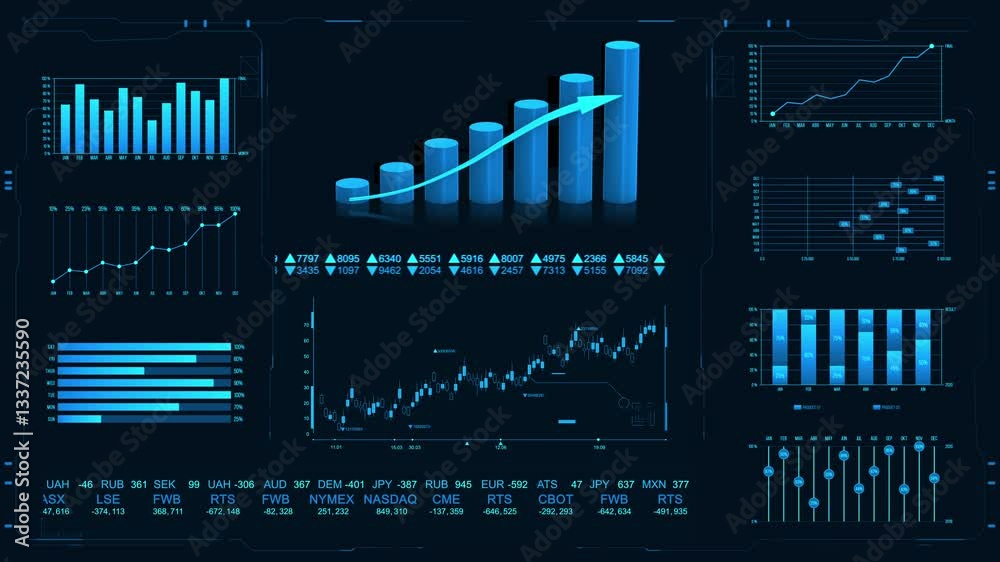  Pie chart and HUD infographic of financial. Business charts and data numbers, Information reports of business strategy for investment. Technology data analysis. Business and financial invest