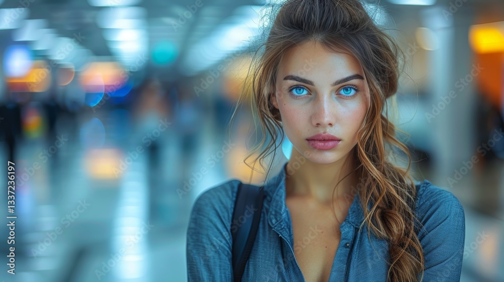 Portrait of a Confident Young Woman with Striking Blue Eyes Outdoors of Urban Environment Portrait of a Confident Young Woman with Striking Blue Eyes Outdoors of Urban Environment