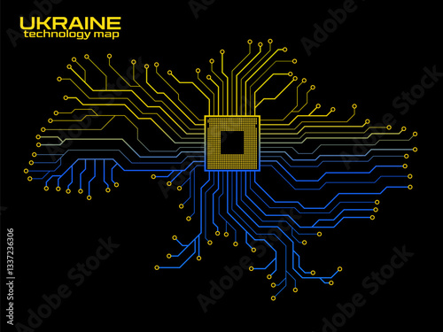 Abstract Ukraine map with cpu. Circuit board. Technology background. Vector illustration