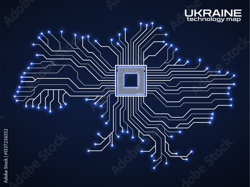 Abstract Ukraine map with cpu. Circuit board. Technology background. Vector illustration