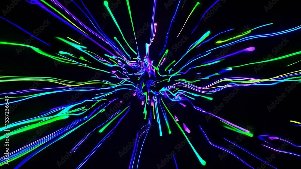 Vivid neon streaks of light bursting outward from the center against a deep black backdrop, creating a dynamic and energetic visual experience filled with vibrant colors and motion