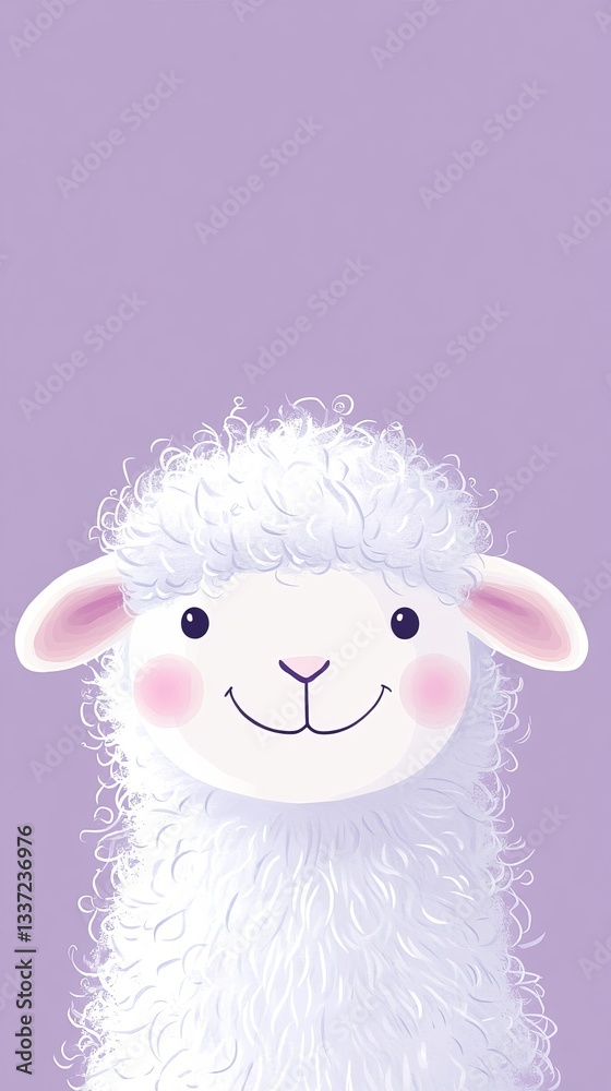Fototapeta premium A simple flat illustration of a cheerful white lamb with curly wool against a purple background