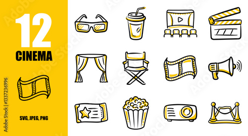 Hand-drawn set cinema icon in yellow and black