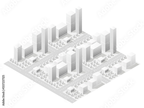 Modern city center with skyscrapers and office buildings in isometric view
