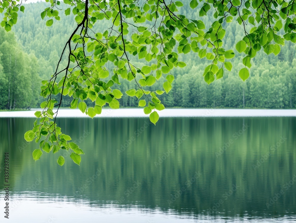 Obraz premium Serene lake view framed by lush green leaves, reflecting nature's tranquility