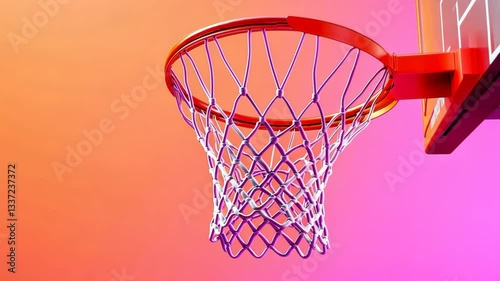 Vibrant Basketball Hoop with Red Rim and Net Set Against Colorful Gradient Background Creating Dynamic and Energetic Sports Atmosphere with Contrasting Warm Hues