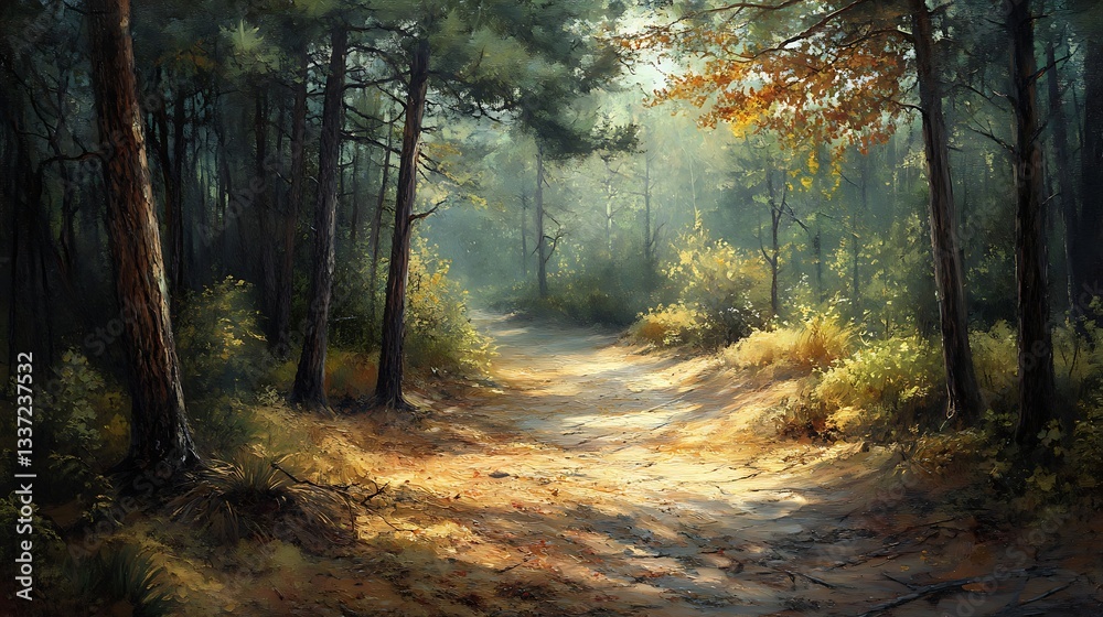 Naklejka premium A serene forest with a pine needle carpet, golden sunlight filtering through, and a gentle breeze whispering through the trees.