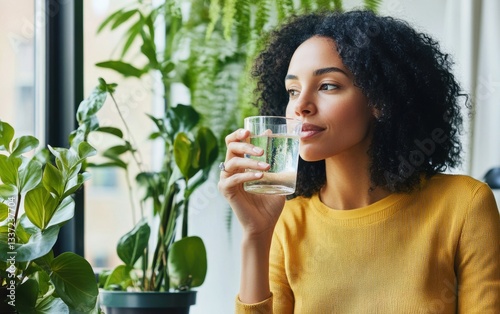 Junge Frau trinkt Wasser in einer grünen, natürlichen Wohnatmosphäre, gesunder Lebensstil – Young woman drinking water in a green, natural home environment, healthy lifestyle