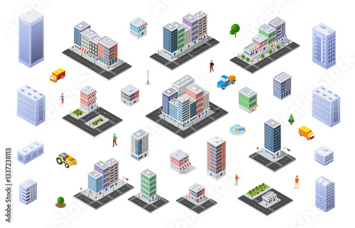 Isometric city buildings, skyscrapers, shops, trees and vehicles composing a cityscape
