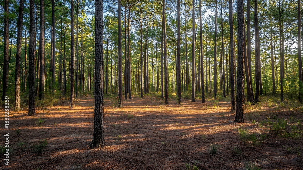 Fototapeta premium A tranquil forest with a soft carpet of pine needles, dappled sunlight, and a gentle breeze rustling the leaves 
