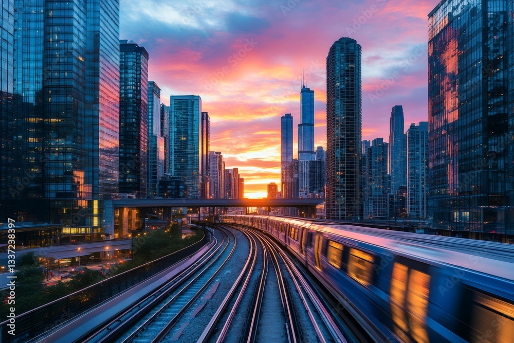 Fototapeta premium Elevated train moving through chicago at sunset with dramatic sky