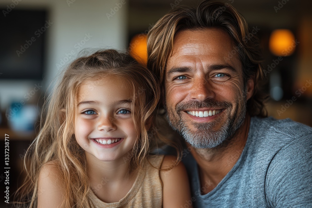Father and daughter share smiles while working from home during a sunny afternoon Father and daughter share smiles while working from home during a sunny afternoon