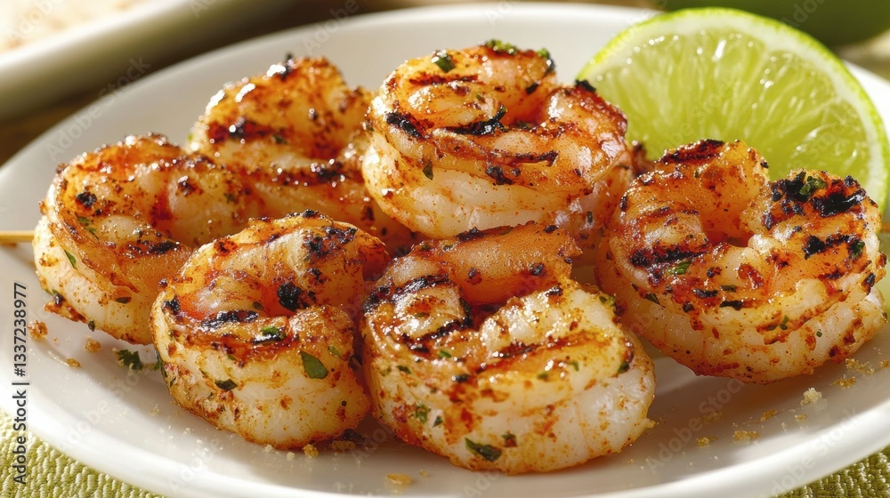 A close-up of grilled shrimp skewers with a side of lime wedges, styled with a fresh seafood vibe A close-up of grilled shrimp skewers with a side of lime wedges, styled with a fresh seafood vibe