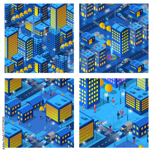 Smart city at night with illuminated buildings, roads, and moving vehicles in isometric view