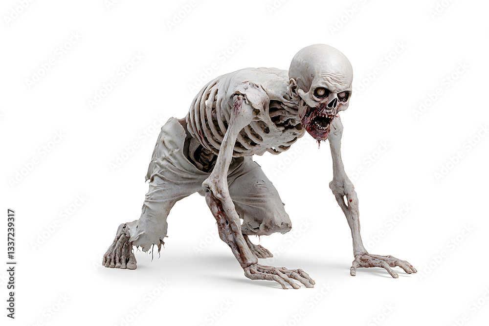 Fototapeta premium Realistic Terrifying Zombie Crawling Isolated On White Background. Halloween Horror