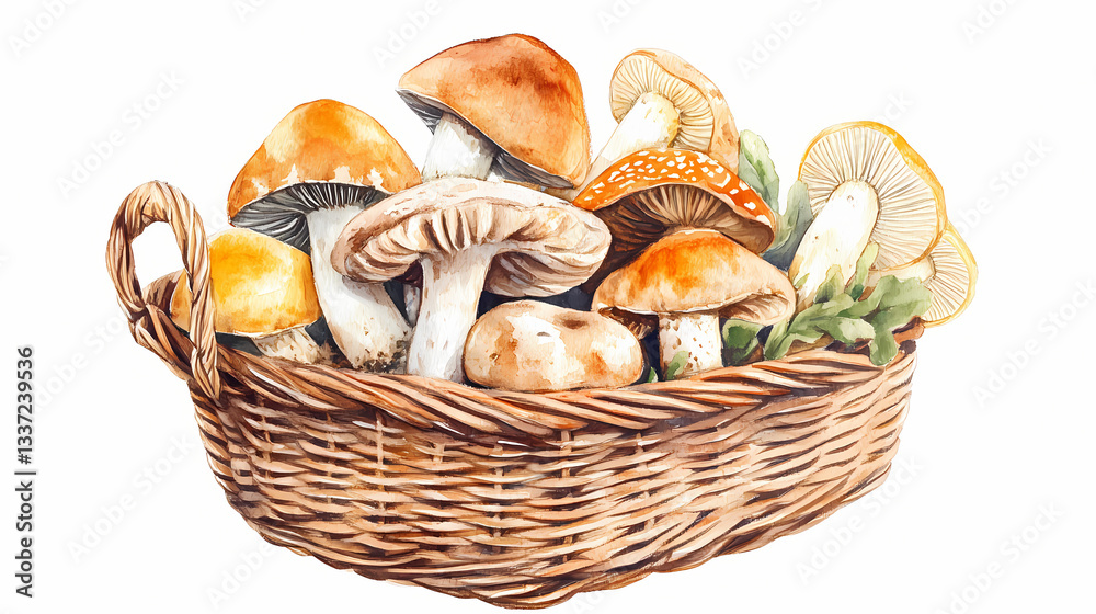 Watercolor painting of various mushrooms in a wicker basket. Interwoven Mushrooms. Illustration Watercolor painting of various mushrooms in a wicker basket. Interwoven Mushrooms. Illustration