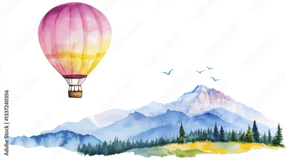 Obraz premium vibrant watercolor illustration featuring hot air balloon soaring above majestic mountains and lush greenery, evoking sense of adventure and