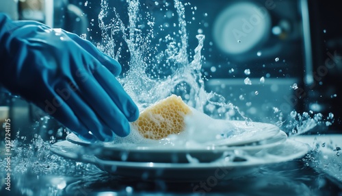 Blue Gloved Hands Scrubbing Dirty Plates With Dishwashing Detergent In Underwater Setting: A Focused Look At Dish Cleaning Ads.