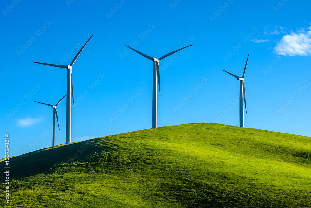 Wind Turbines Generate Clean Energy on Green Hilltop under a Blue Sky