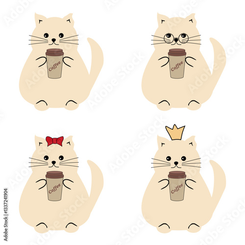Nice funny fat cat with paper cup of coffee on white background vector illustration 