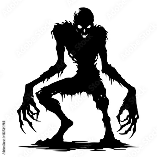 A halloween haunting figure looms with sharp claws and a menacing grin. Its skeletal frame and dripping edges evoke an unsettling atmosphere, suggesting an otherworldly presence.