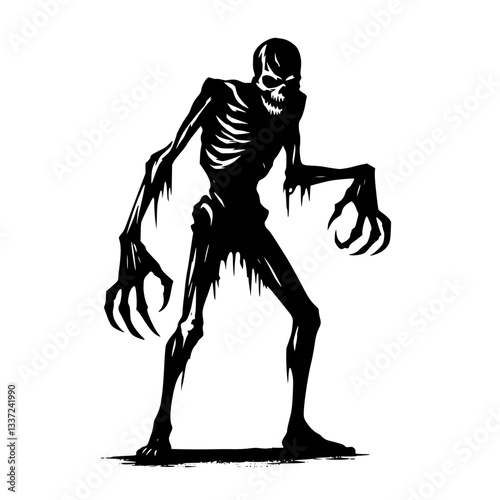 A halloween haunting figure looms with sharp claws and a menacing grin. Its skeletal frame and dripping edges evoke an unsettling atmosphere, suggesting an otherworldly presence.