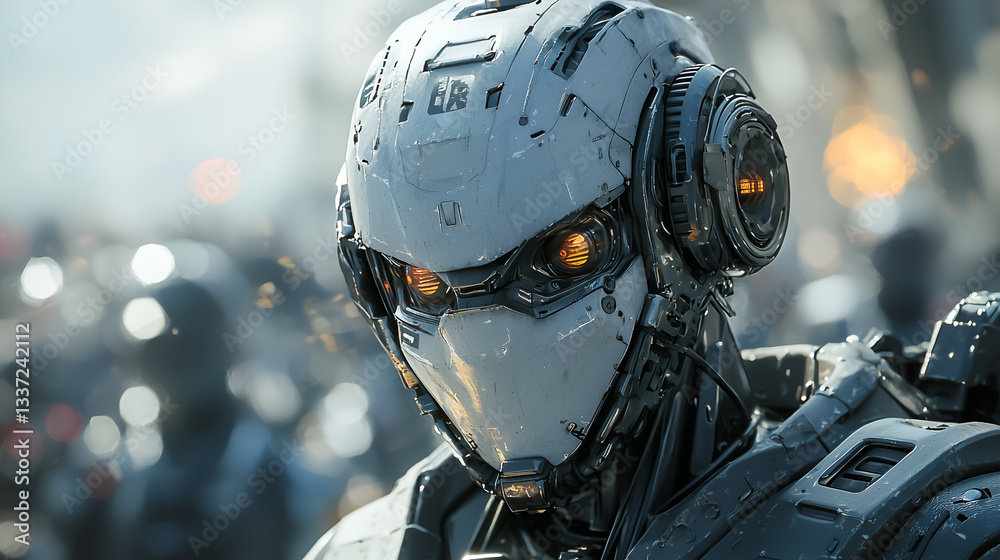 Fototapeta premium Futuristic Cyborg with Orange Eyes: Advanced Robotics & Cybernetic Sci-Fi Technology