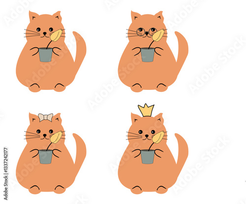 Nice cute cat with a flower on white background vector illustration 