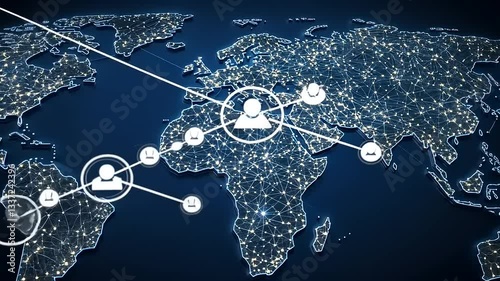 Global connectivity illustrated with a digital map featuring network connections and icons representing various continents